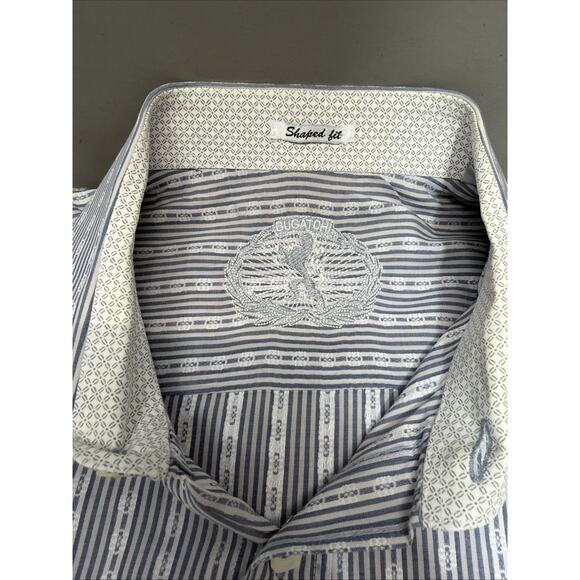 BUGATCHI Shaped Fit Large Blue Geometric Striped Flip Cuff Casual Mens - Picture 6 of 8